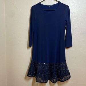 Tiana B Navy Lace/Sequin Flounce Hem Stretch Jersey Drop Waist A-line Dress Navy